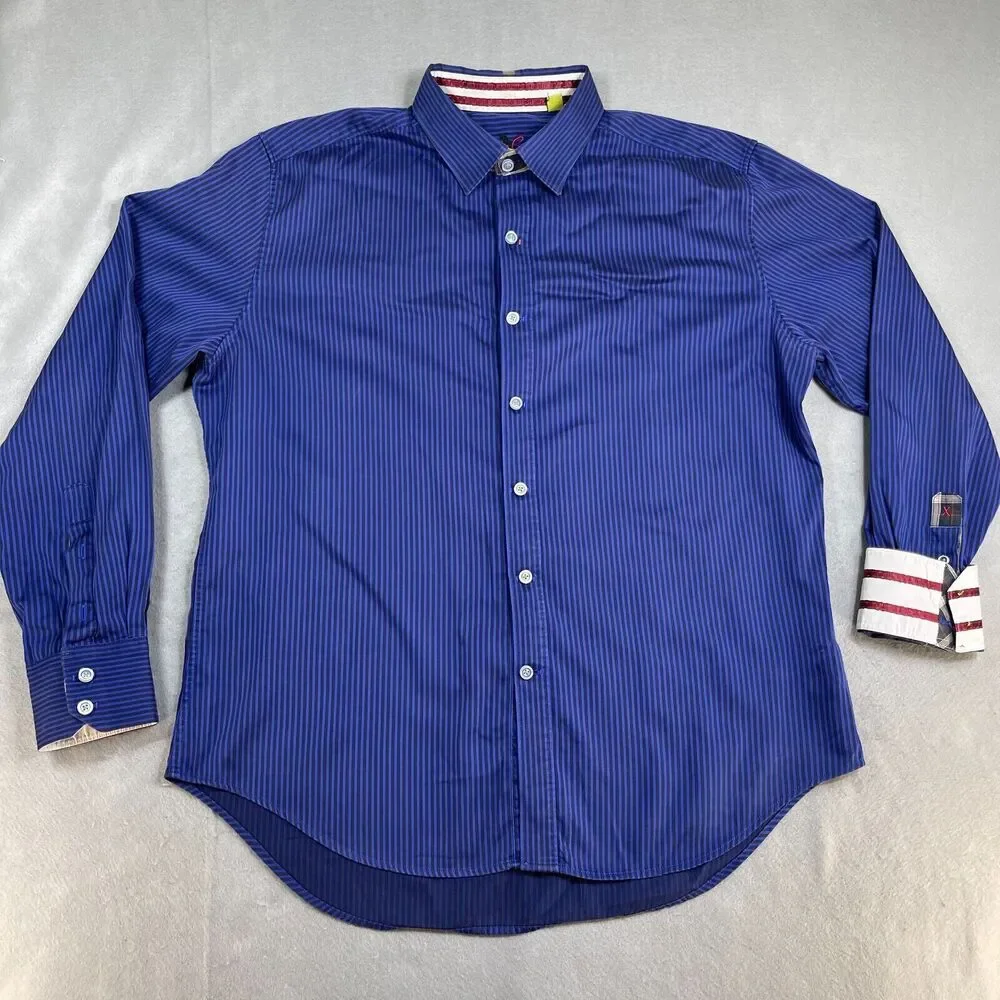 Robert Graham Shirt Men‎ XL Blue Stripes Flip Cuff Long Sleeve Button Up